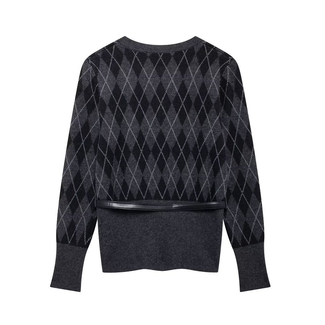 Damer Argyle-mønster Cardigan med kunstlæderbælte Stilla