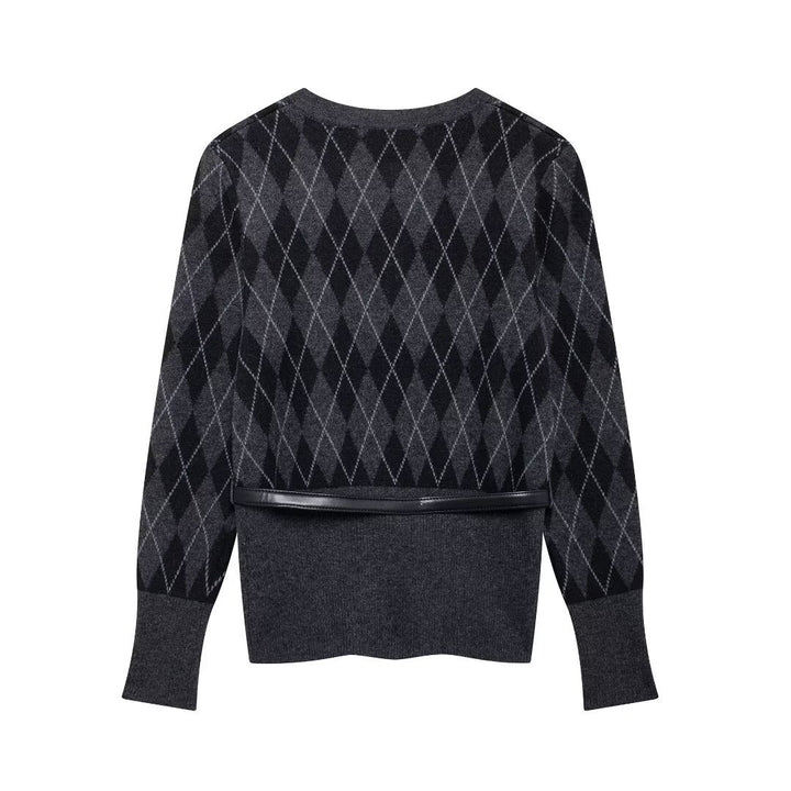 Damer Argyle-mønster Cardigan med kunstlæderbælte Stilla