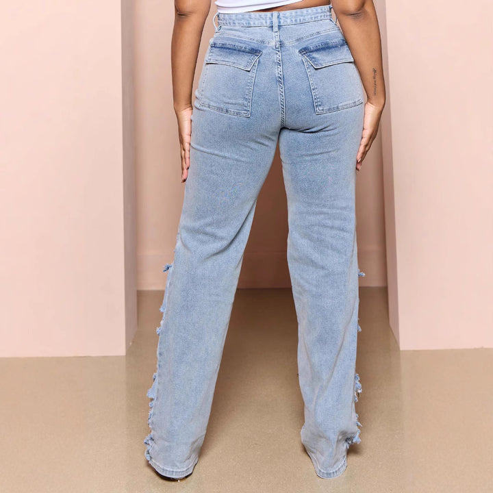 Dame Cargo-jeans med frynset detaljer og modige revner Stilla