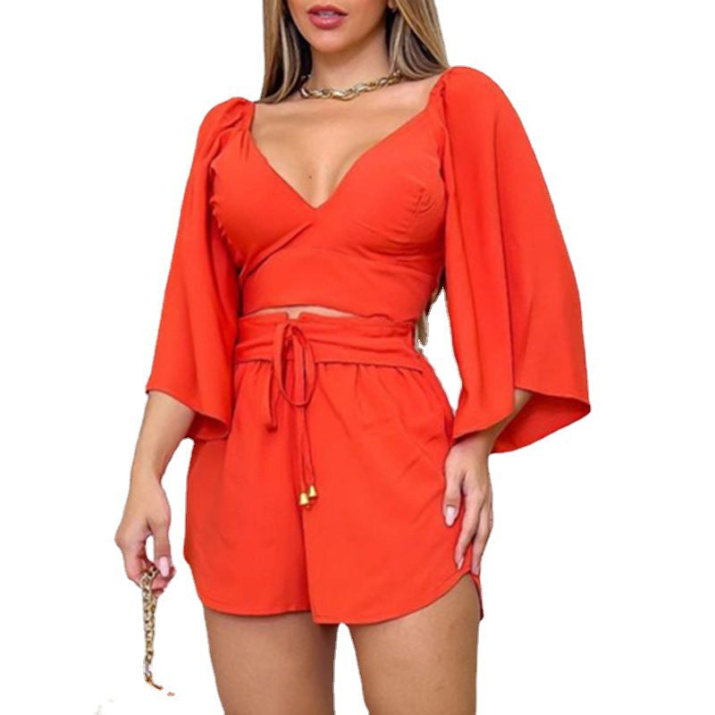 Dame Elegant Glockerærme Crop-Top og Shorts Sæt Stilla
