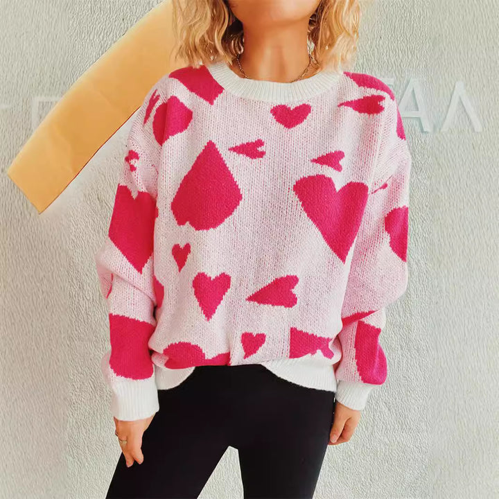 Kvinders løse sweater med hjerte mønster og bred skæring Stilla