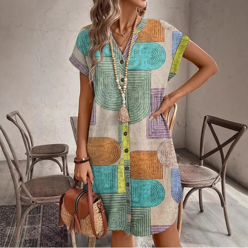 Dame Button-Up Kjole i Grafikdesign Stilla