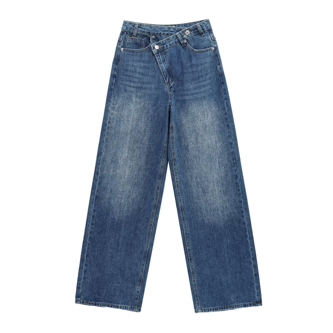 Dame bredt skårne jeans med asymmetrisk knaplukning og høj talje Skovae