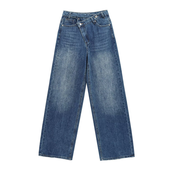 Dame bredt skårne jeans med asymmetrisk knaplukning og høj talje Skovae