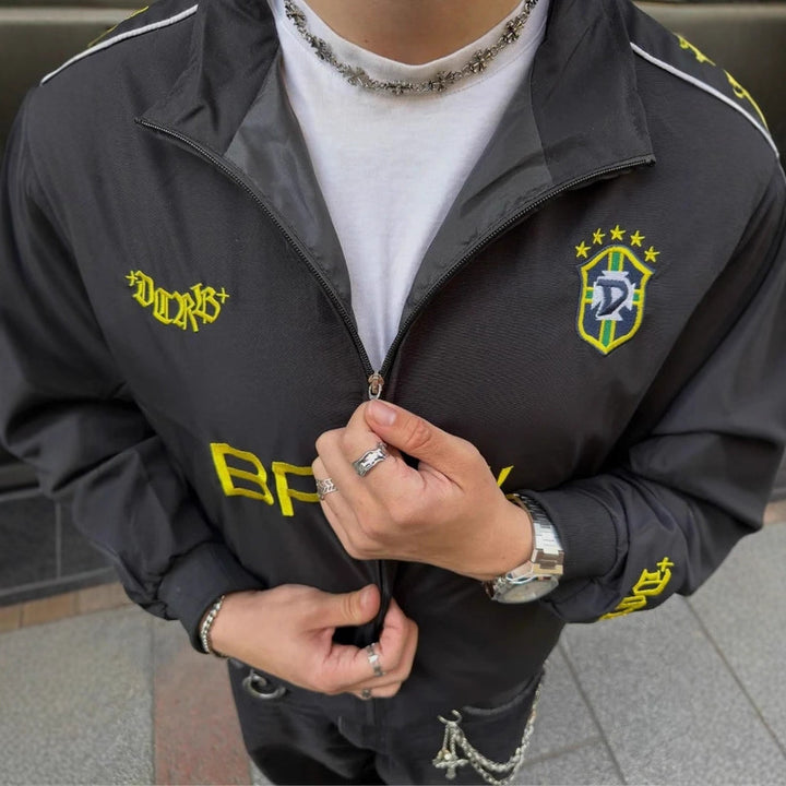 Unisex nan sporty retro træningsjakke med høj krave lynlås brystemblem og Brasilien-tekst Skovae