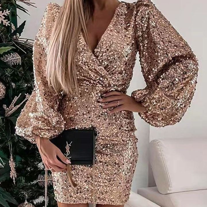 Kvinder Glitrende Minikjole med Ballonærmer og Wrap Look