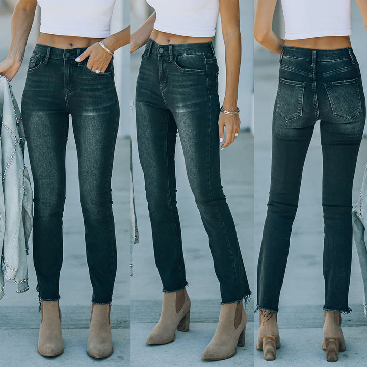 Damernes højtaljede jeans i moderne skinny-snit med frynset søm Stilla