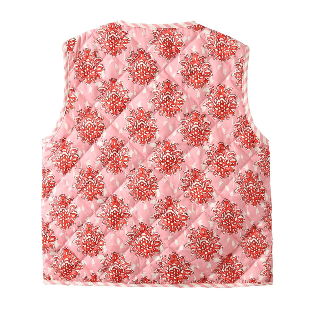 Dame quiltet vest med blomsterdesign og elegante bindebånd Stilla