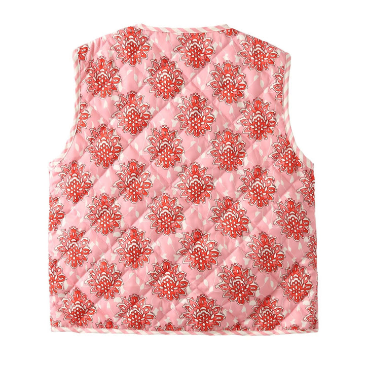 Dame quiltet vest med blomsterdesign og elegante bindebånd Stilla