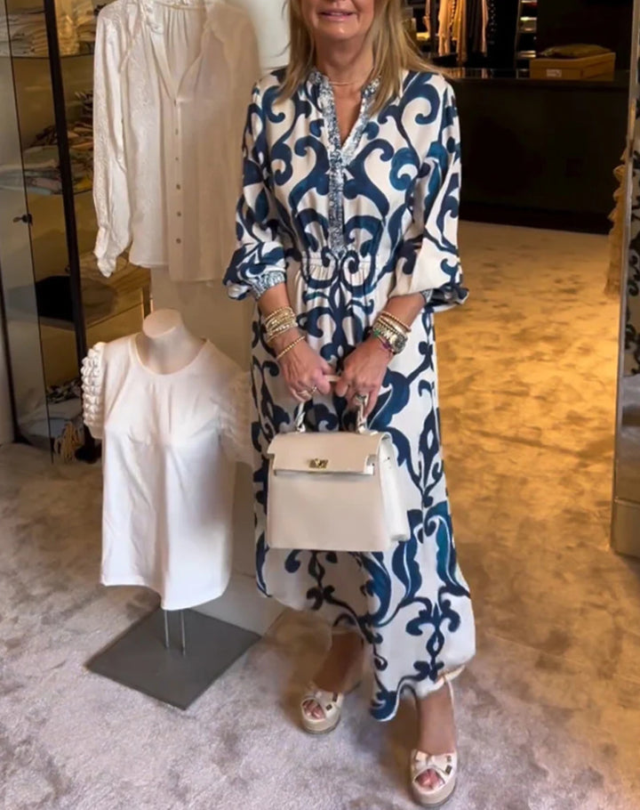 Dame maxikjole med elegant bølgemønster og luftige ærmer Stilla