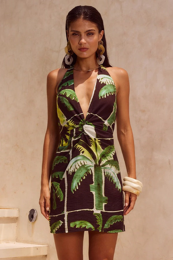 Femme Halter Neck Palm Print Mini Kjole Stilla