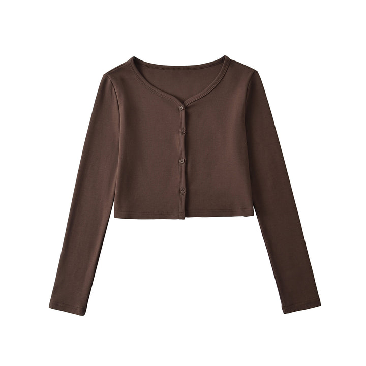 Dame Langærmet Crop-Top med elegant V-udskæring og knapbar design Stilla