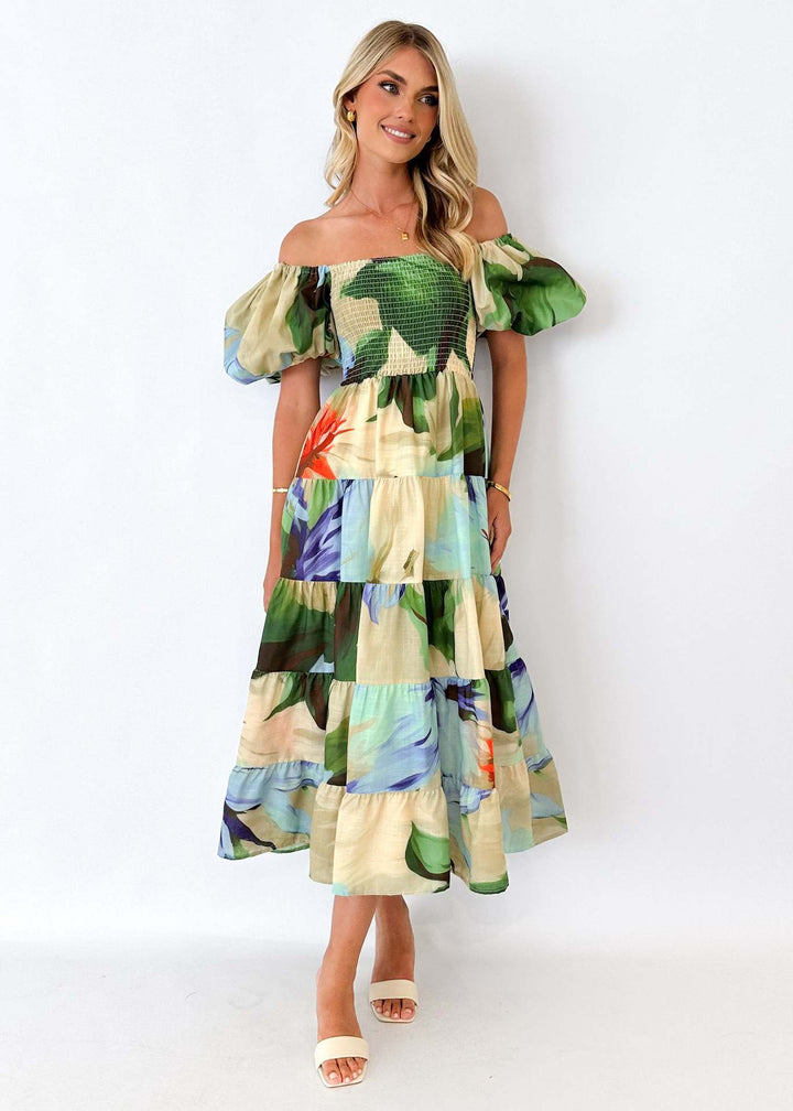 Kvinders maxikjole med off-the-shoulder design og voluminøse puffærmer Stilla