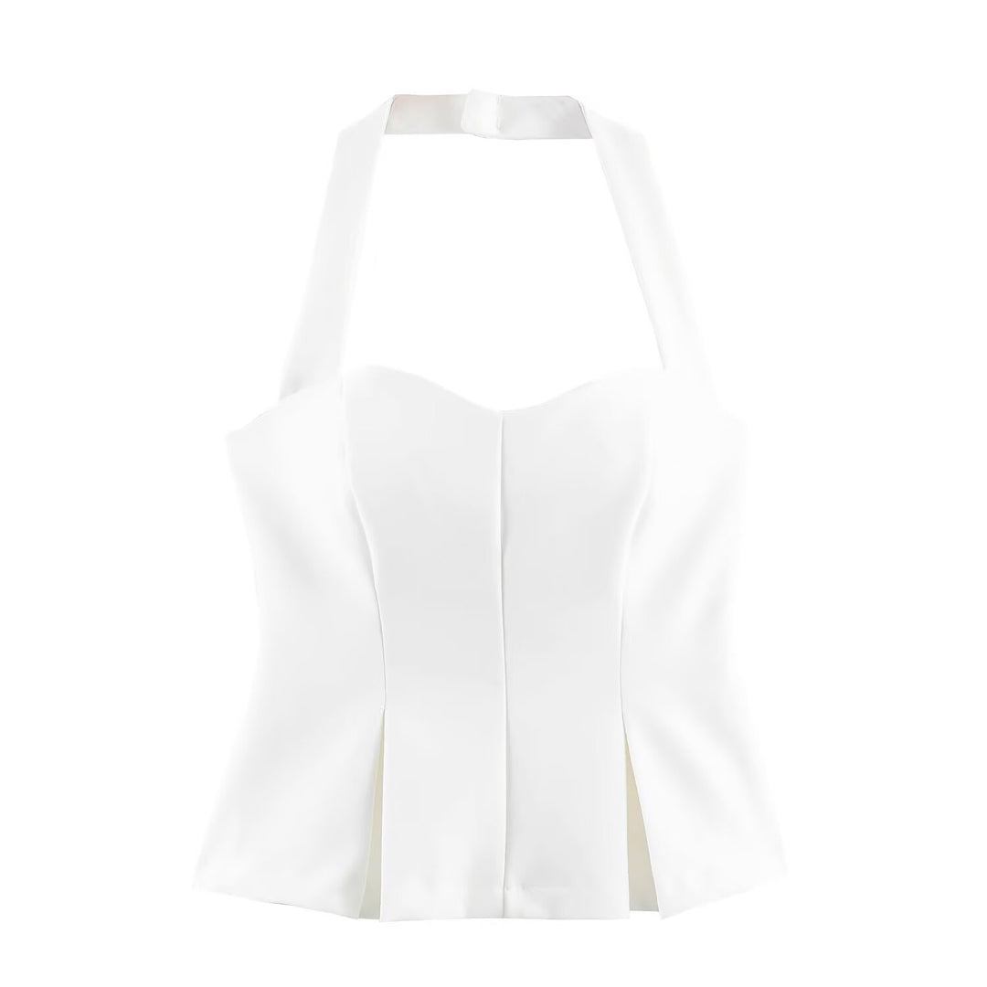 Dame halterneck-top med elegant taljesnit og fine plisseedetaljer Skovae