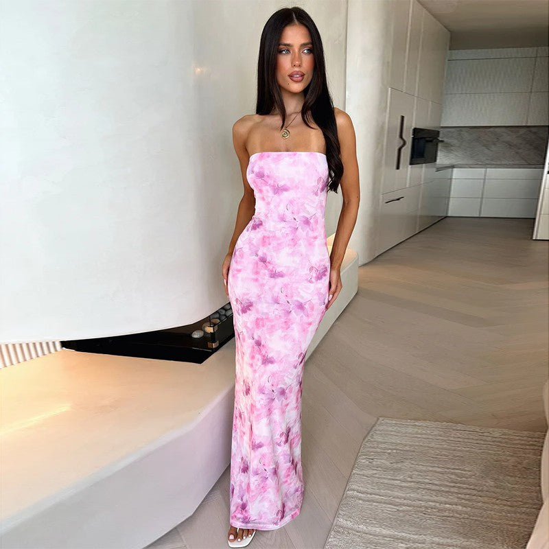 Dame elegant strapless maxikjole med blomstermønster og tætsiddende silhuet Skovae