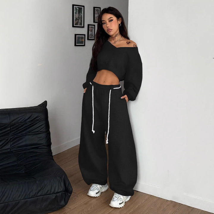Kvindernes afslappede crop top og brede ben bukser sæt Skovae