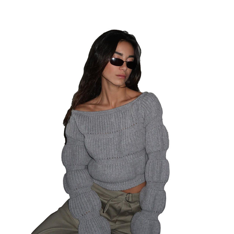 Dame Off-Shoulder Strikpullover med Puffærmer og Ribstruktur Stilla