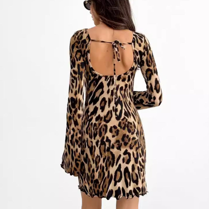 Dame Minimalistisk Vristkjole med Leopardprint og Voluminøse Ærmer Stilla