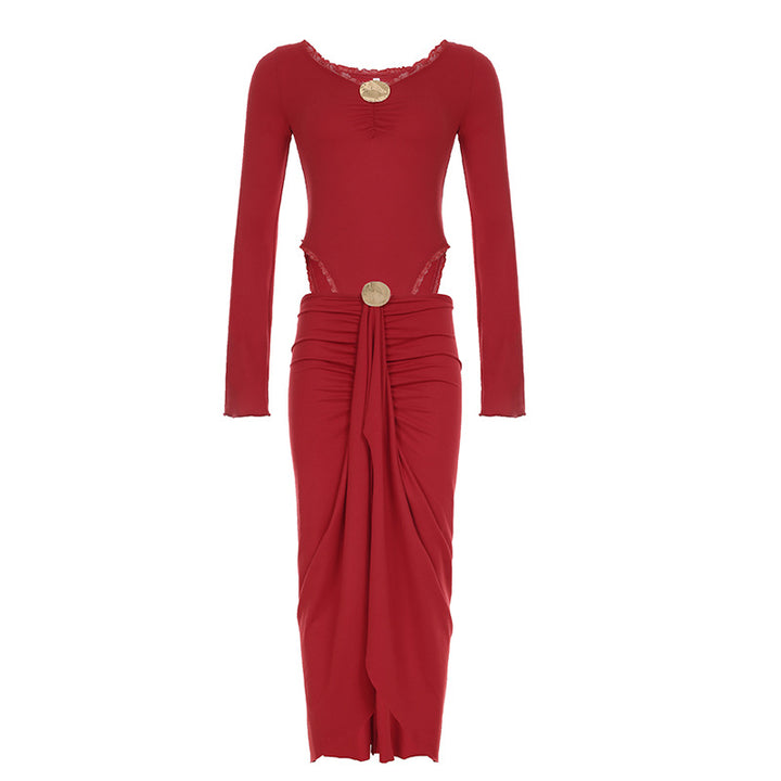 Damen eleganter Wickelrock mit glanzvollem Knopfdetail Skovae