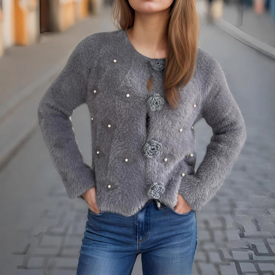 Kvinders fine cardigan med blomsterapplikationer og perleaccenter Stilla