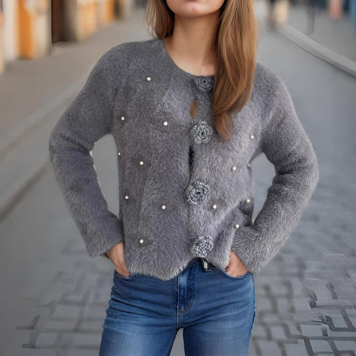 Kvinders fine cardigan med blomsterapplikationer og perleaccenter Stilla