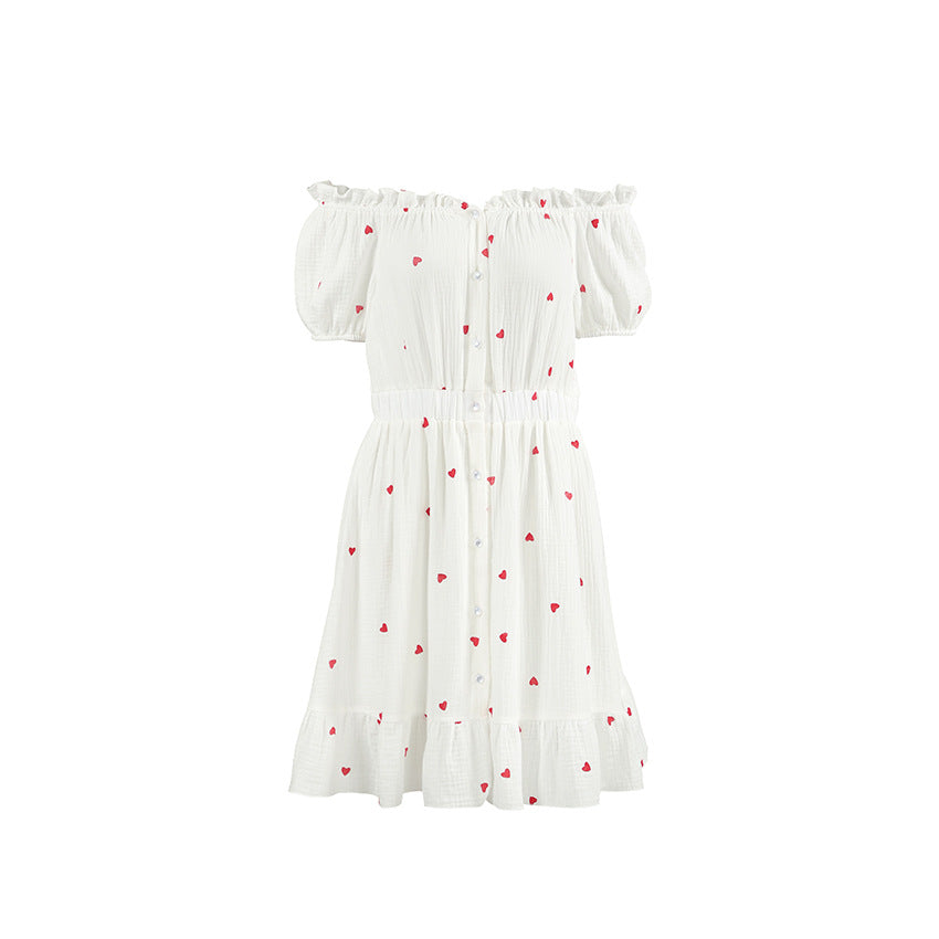 Dame hverdagskjole med off-shoulder design og broderet hjerte mønster Stilla