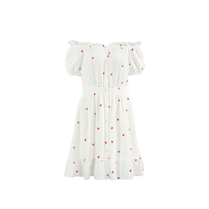 Dame hverdagskjole med off-shoulder design og broderet hjerte mønster Stilla
