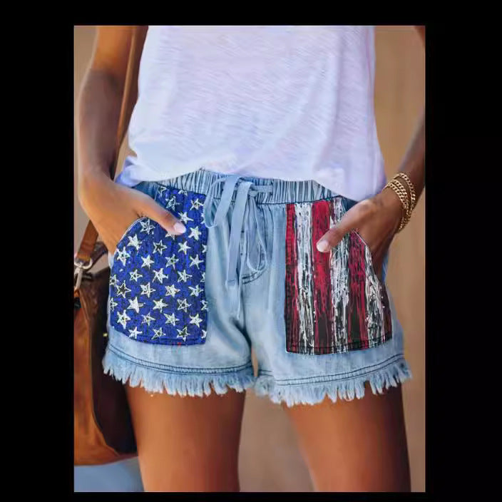 Dame Denim shorts med kreative lommer Skovae
