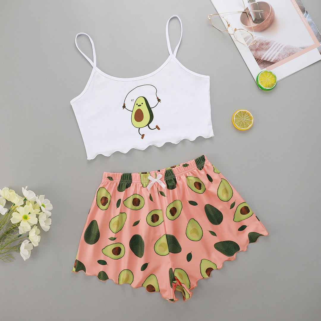 Dame Crop-Top og Shorts Sæt med sjovt Avocado-motiv Stilla