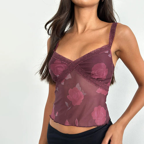 Dame bluse top med blomsterdesign og delikate spids accenter Skovae