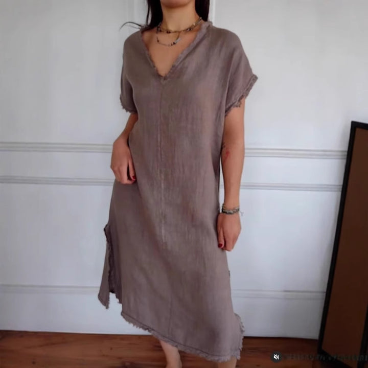 Dame Elegant Linned Midi Kjole Stilla