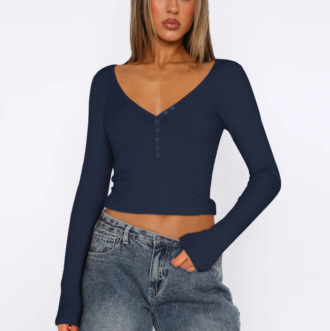 Dame Langærmet Crop-Top med V-udskæring og knapliste Stilla