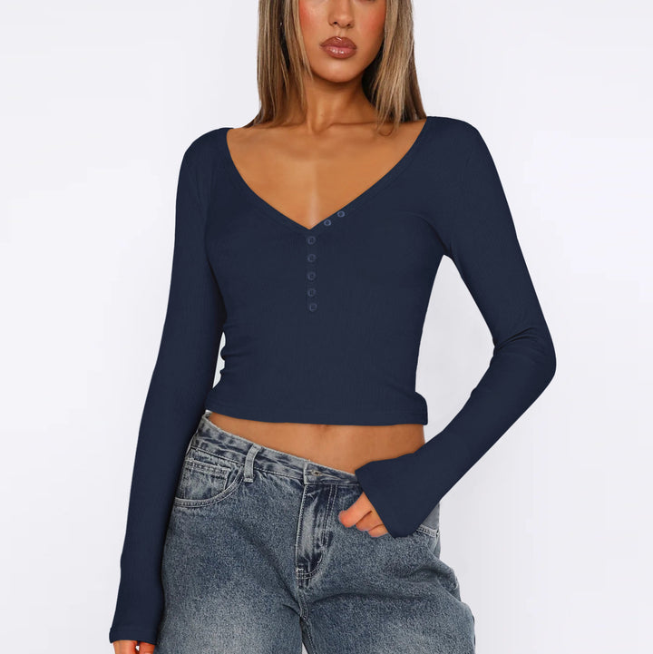 Dame Langærmet Crop-Top med V-udskæring og knapliste Stilla