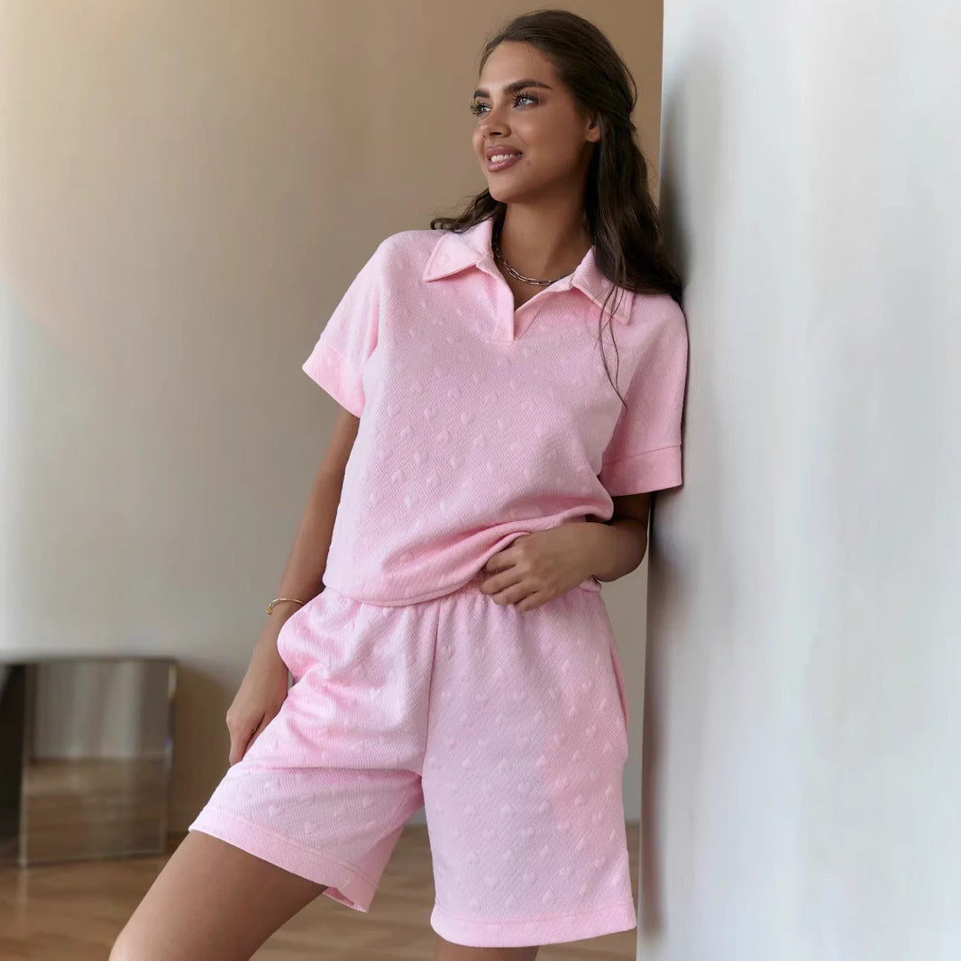 Kvinders afslappede polo shirt og shorts sæt med tekstureret materiale