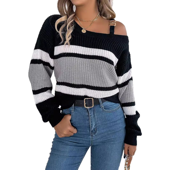Kvinderne Off-Shoulder Sweater med Stribet Detaljer og Trendy Strop Stilla