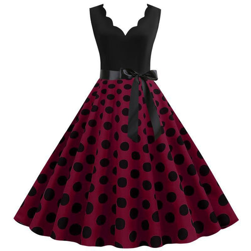 Women Vintage Polka Dots Dress with A-Line Cut and Waist Belt Stilla