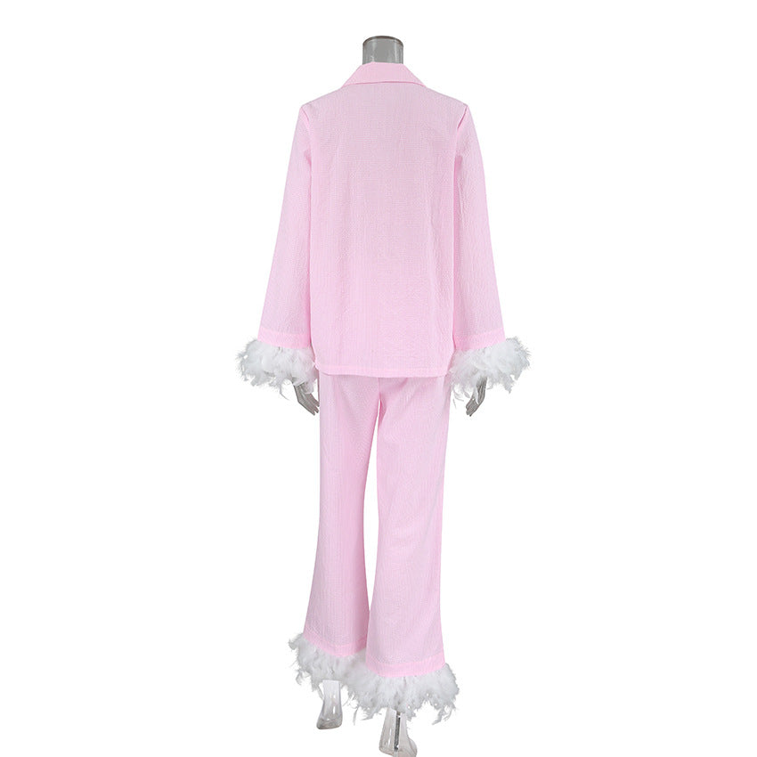 Damer Pyjamasæt med elegante plysdetaljer og fine ternet mønstre Stilla