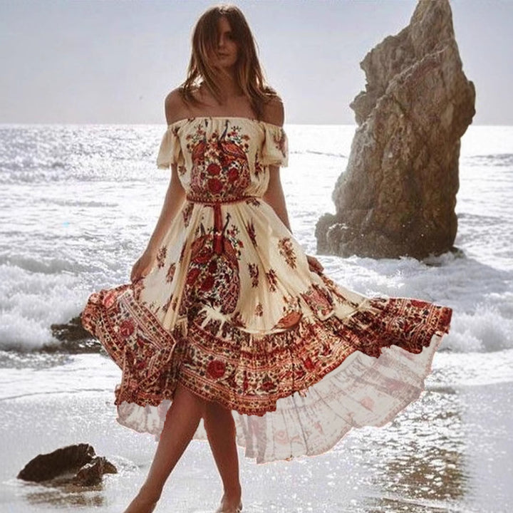 Dame Off-the-Shoulder Bohemian Floral Maxi Kjole Stilla