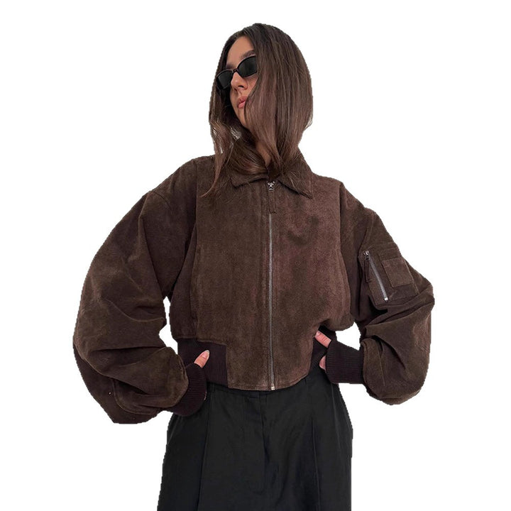 Dame Oversized Suede Jakke med Polstrede Ærmer Stilla