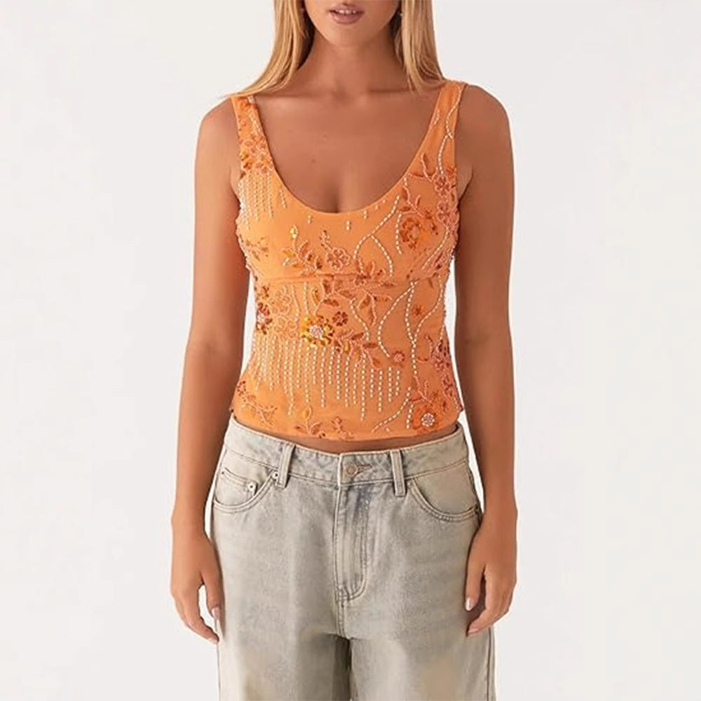 Dame couture top med floral rhinestone design og tætsiddende snit