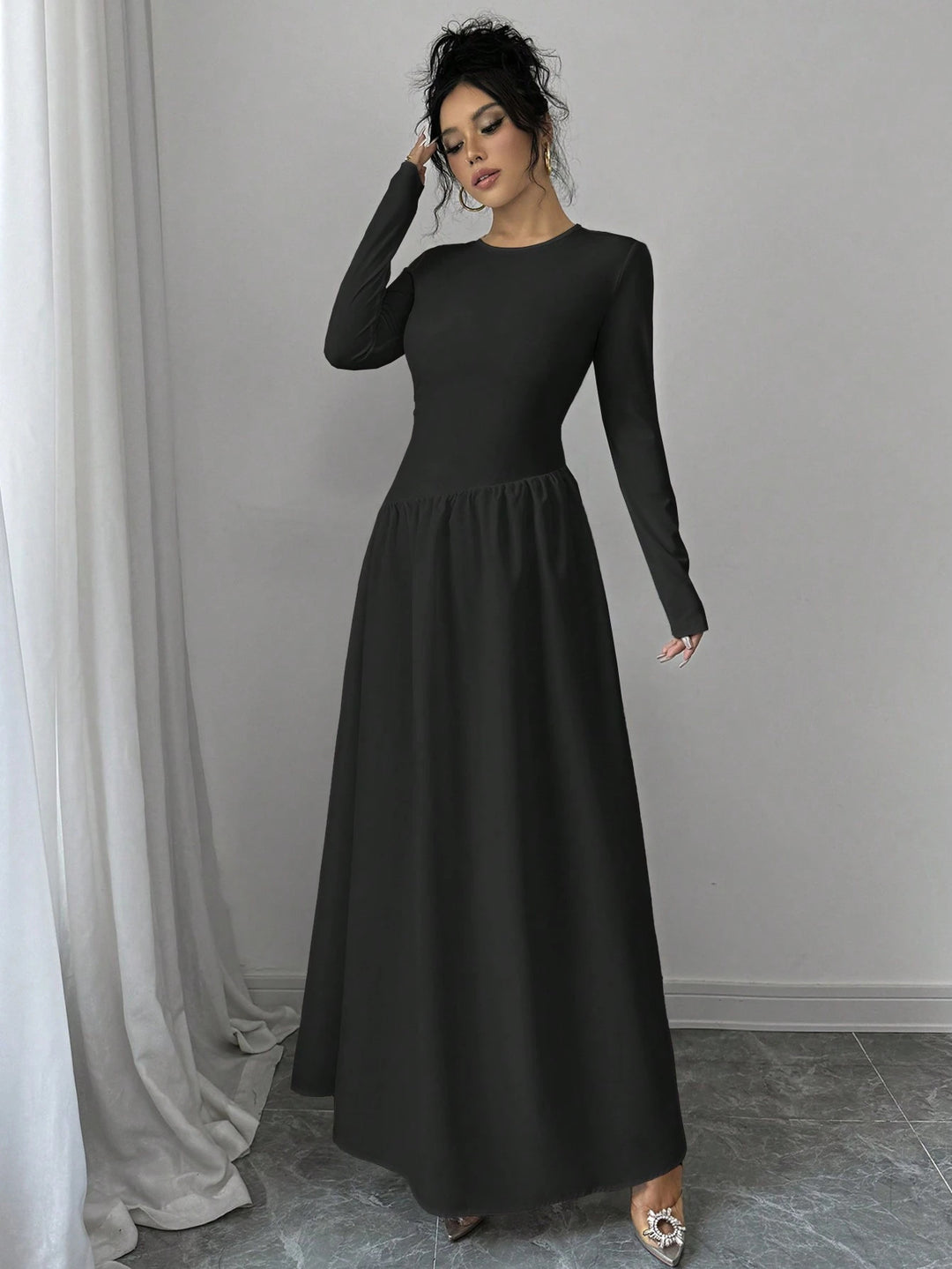 Dame elegant Maxikjole med lange ærmer og vid nederdel Stilla