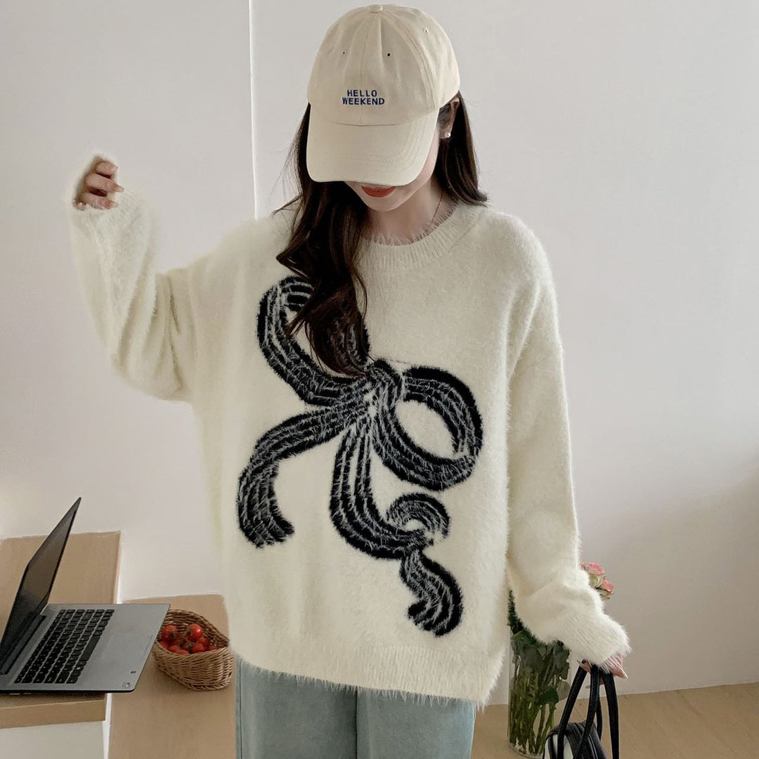Kvindernes hyggelige sweater med dekorativ sløjfe mønster