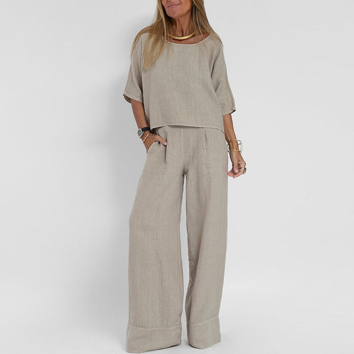 Dame let linned sæt med løstsiddende bukser og cropped top Stilla
