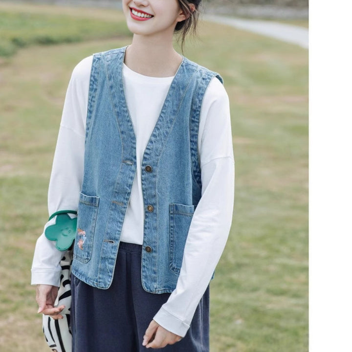Kvinderne fashionable denim vest med lommer og knapdetaljer Stilla