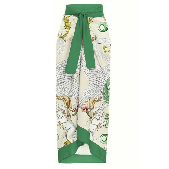 Dame badedragt-sæt med blomster-ruffle dekoration og elegant maxiskirt Skovae