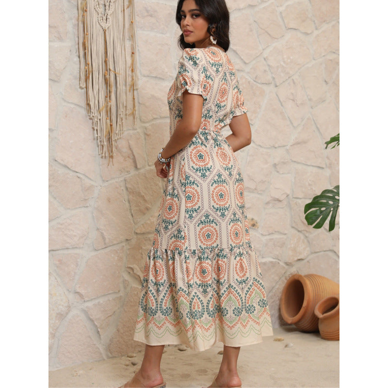 Femme Bohemian Tryk Maxi Kjole med Volangkant Stilla