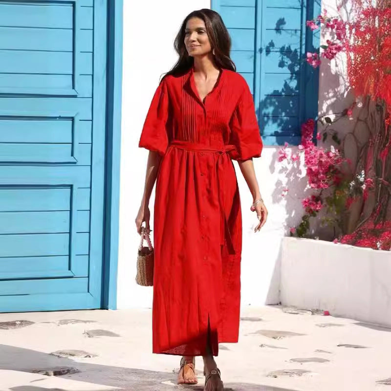 Dame Button-Up Maxi Kjole med fyldte detaljer Stilla