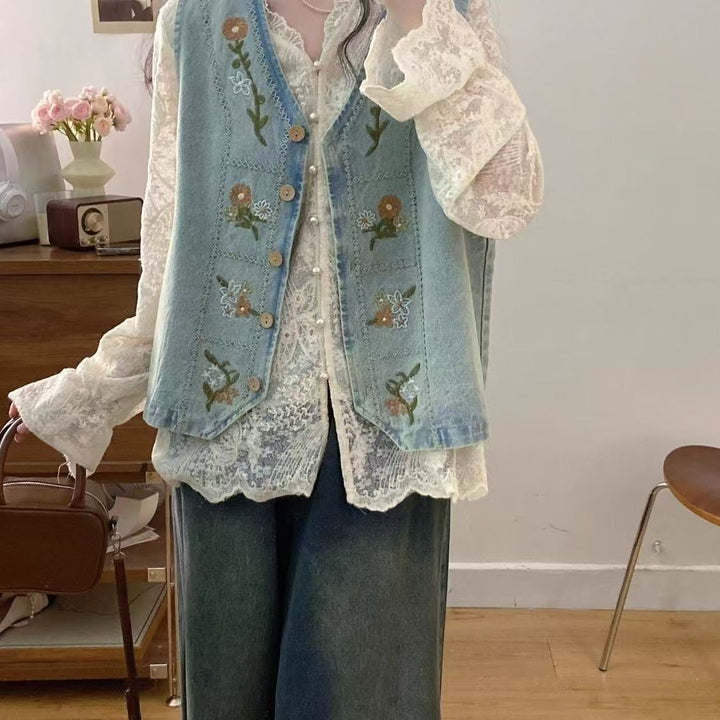 Kvinders denimvest med blomsterbroderi design Stilla
