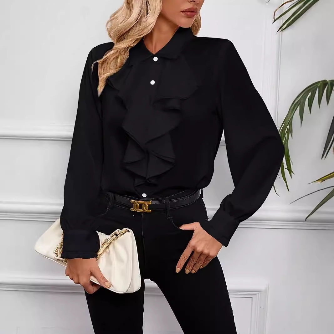 Dame elegant flæsebluse med lange ærmer og feminin silhuet Stilla