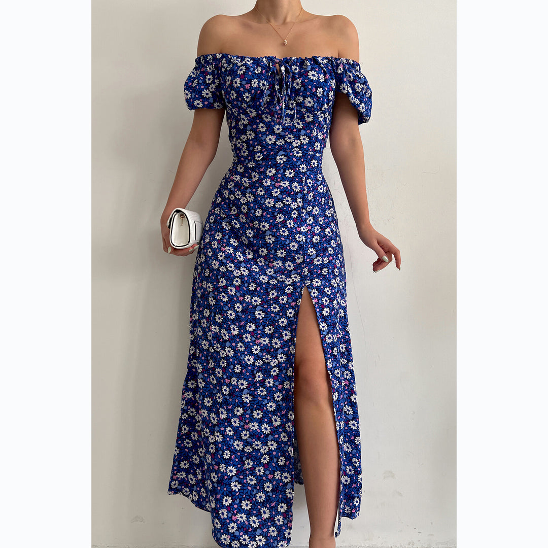 Women's Off-Shoulder Maxi Dress with Floral Design and Elegant Slit Skovae